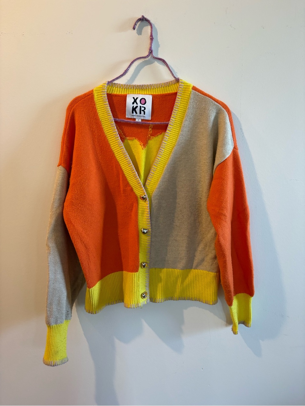 XO/KR Colorblock V-Neck Cardigan in Orange, Yellow, Taupe